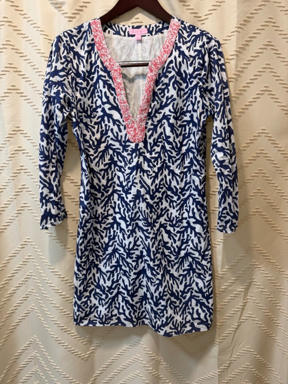 Lilly Pulitzer Cover Up M Beaded Coral Print Cotton Beach Resort Summer - Picture 3 of 12